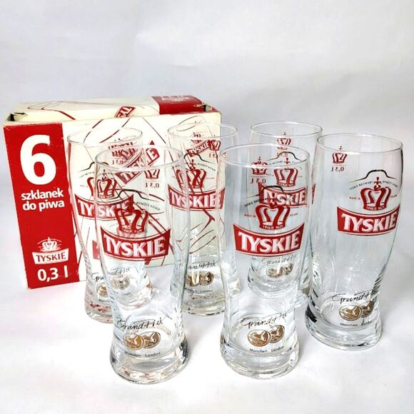 Set 6 Tyskie Grand Prix Beer Glasses Poland 12 oz .3L with Box - Picture 1 of 7